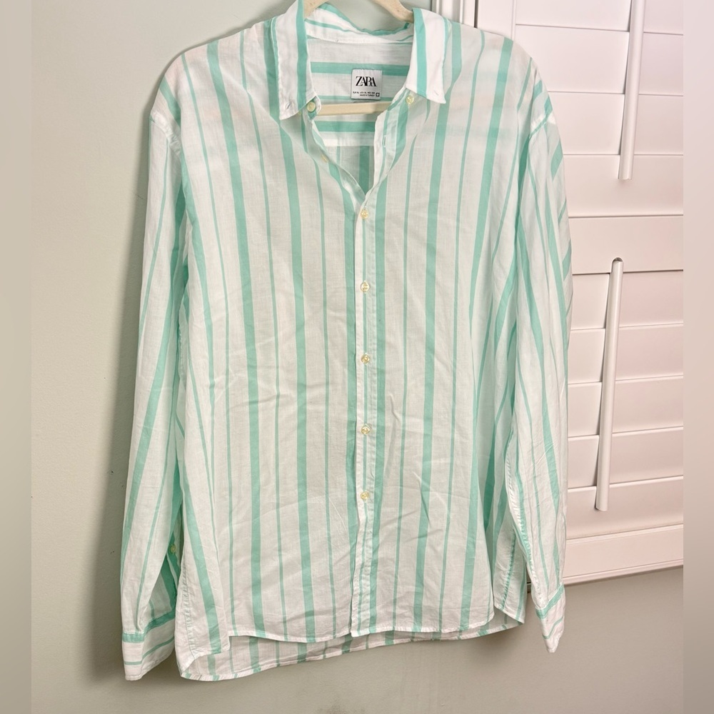 Zara Striped Button Down Shirt Mint Green White Relaxed Fit